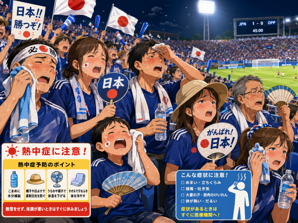 スポーツ観戦中に汗をかく日本代表サポーターと熱中症注意喚起のイラスト
