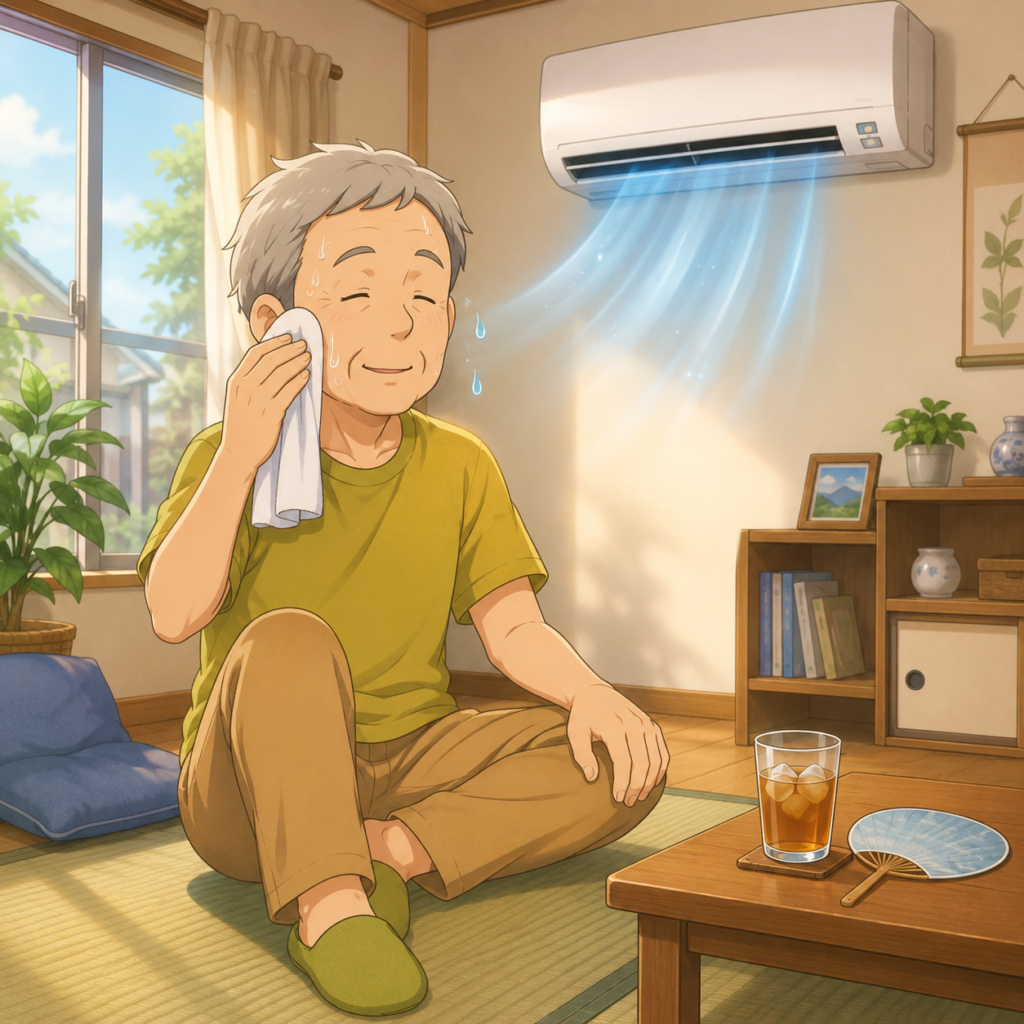 高齢者が室内でエアコンを使い熱中症対策をしているアニメ風イラスト
