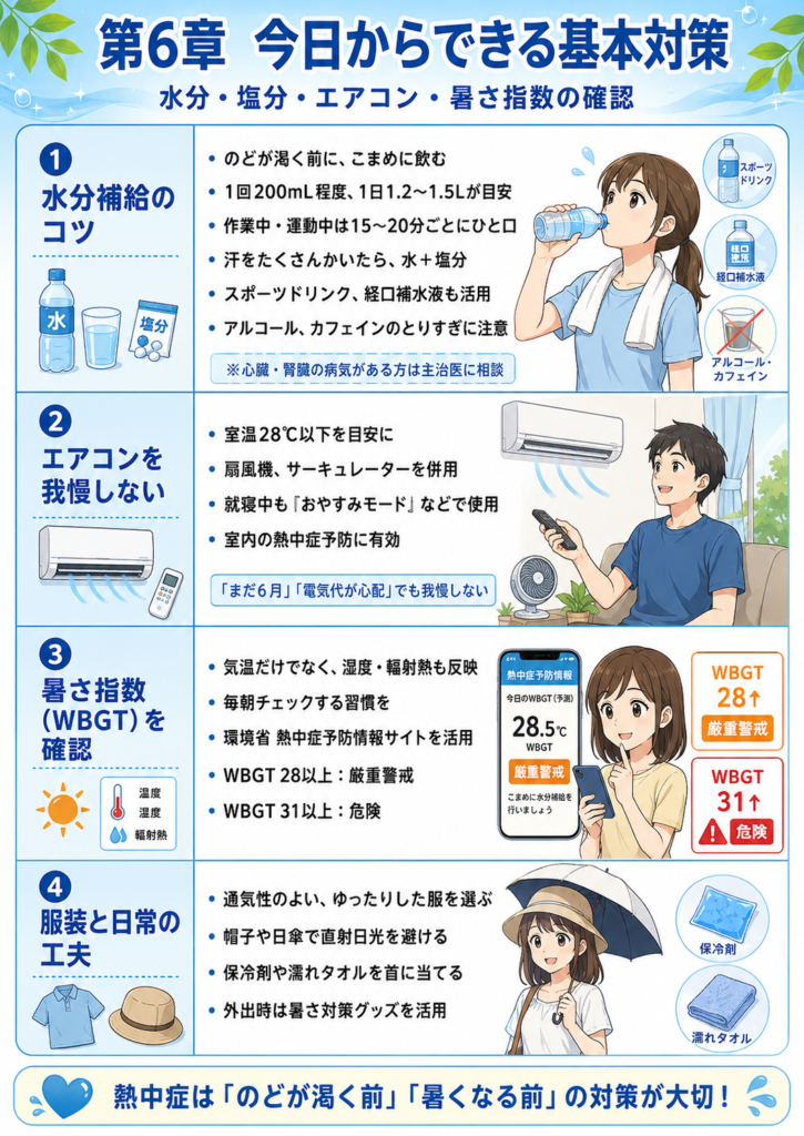 水分補給・塩分補給・エアコン・WBGT確認をまとめた熱中症対策表
