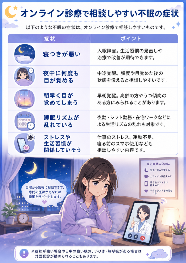 オンライン診療で相談しやすい不眠の症状の表のイラスト